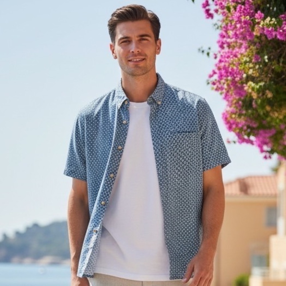 Faherty Brand Mens Indigo‎ Blue Scallop Print Short Sleeve Button Down Shirt L
